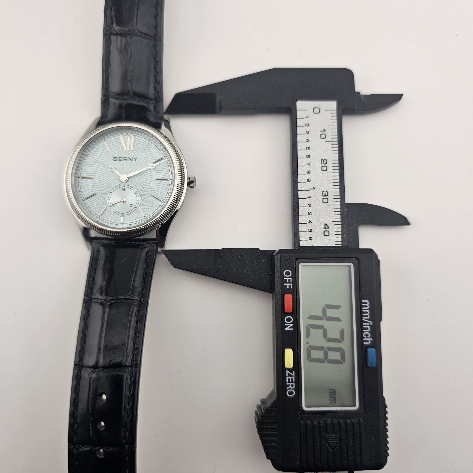 USA Seller-BERNY Ice Blue Guilloché Dial Dress Watch – Fluted Bezel, Quartz.