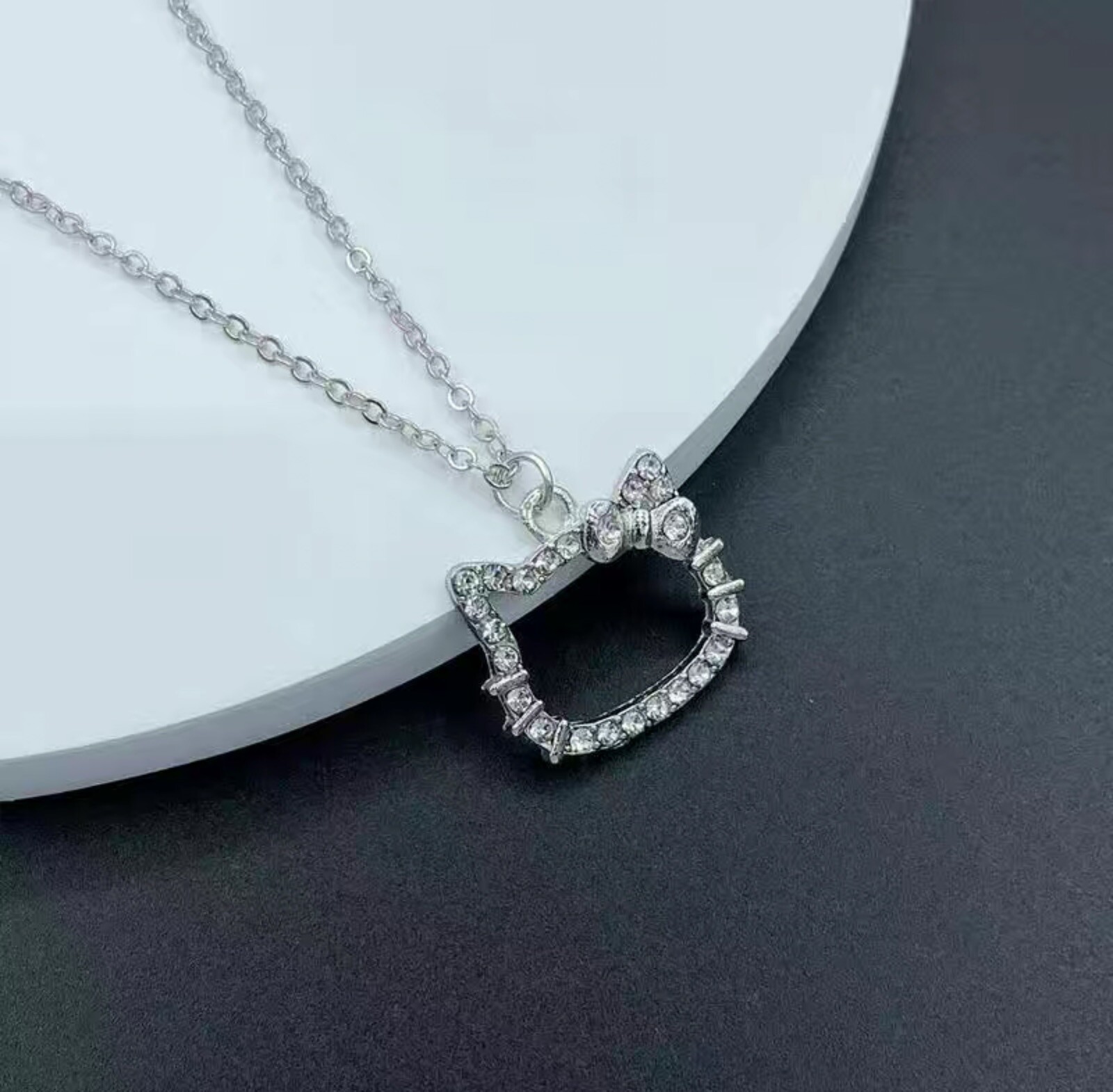 Sparkly, Cartoon Hello Kitty Head With Silver Bow Pendant, Silver Chain Necklace