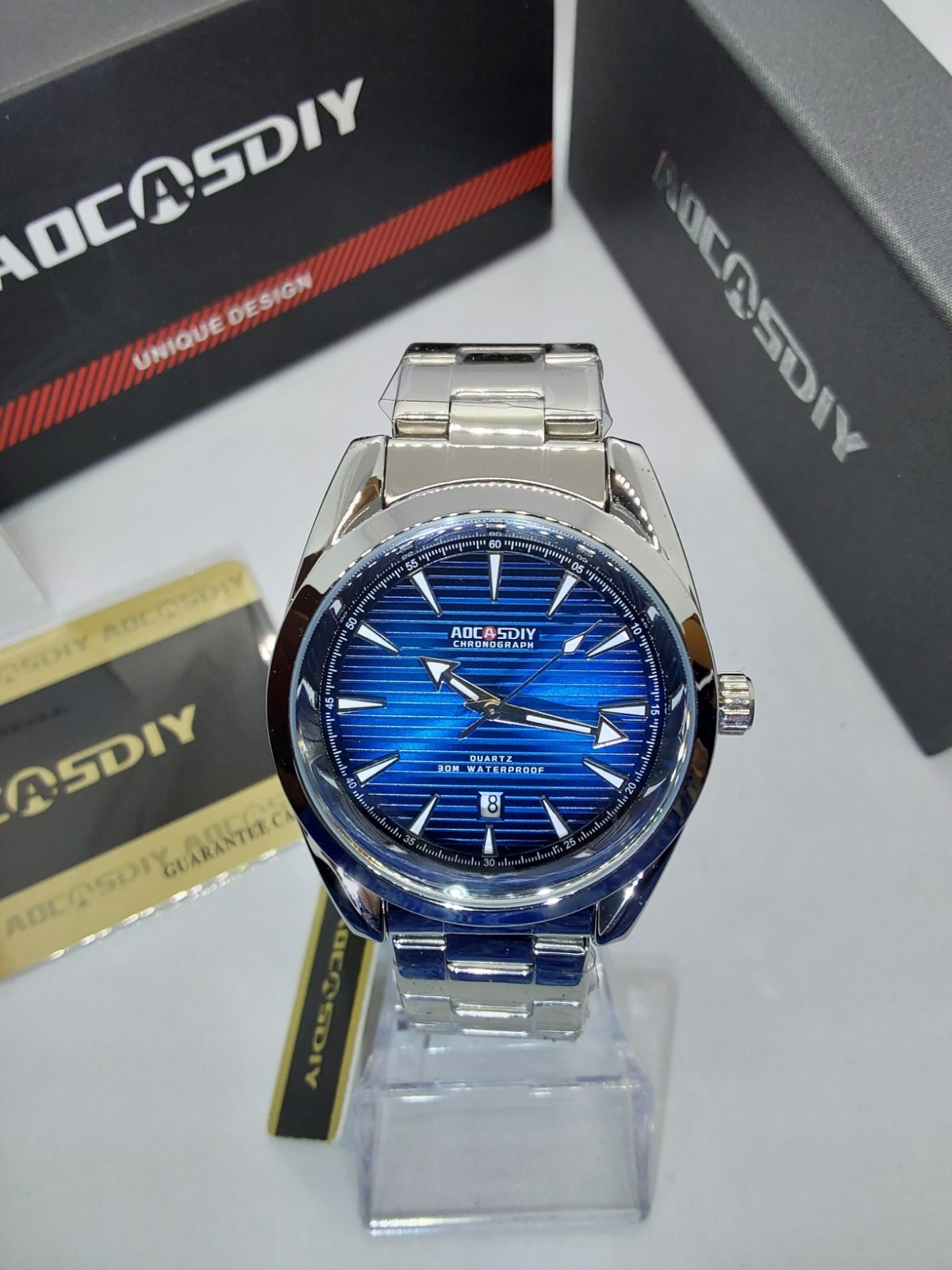 Men’s Sea Master Blue Fume Quartz 41mm Watch Stainless Steel Bracelet 6057 New