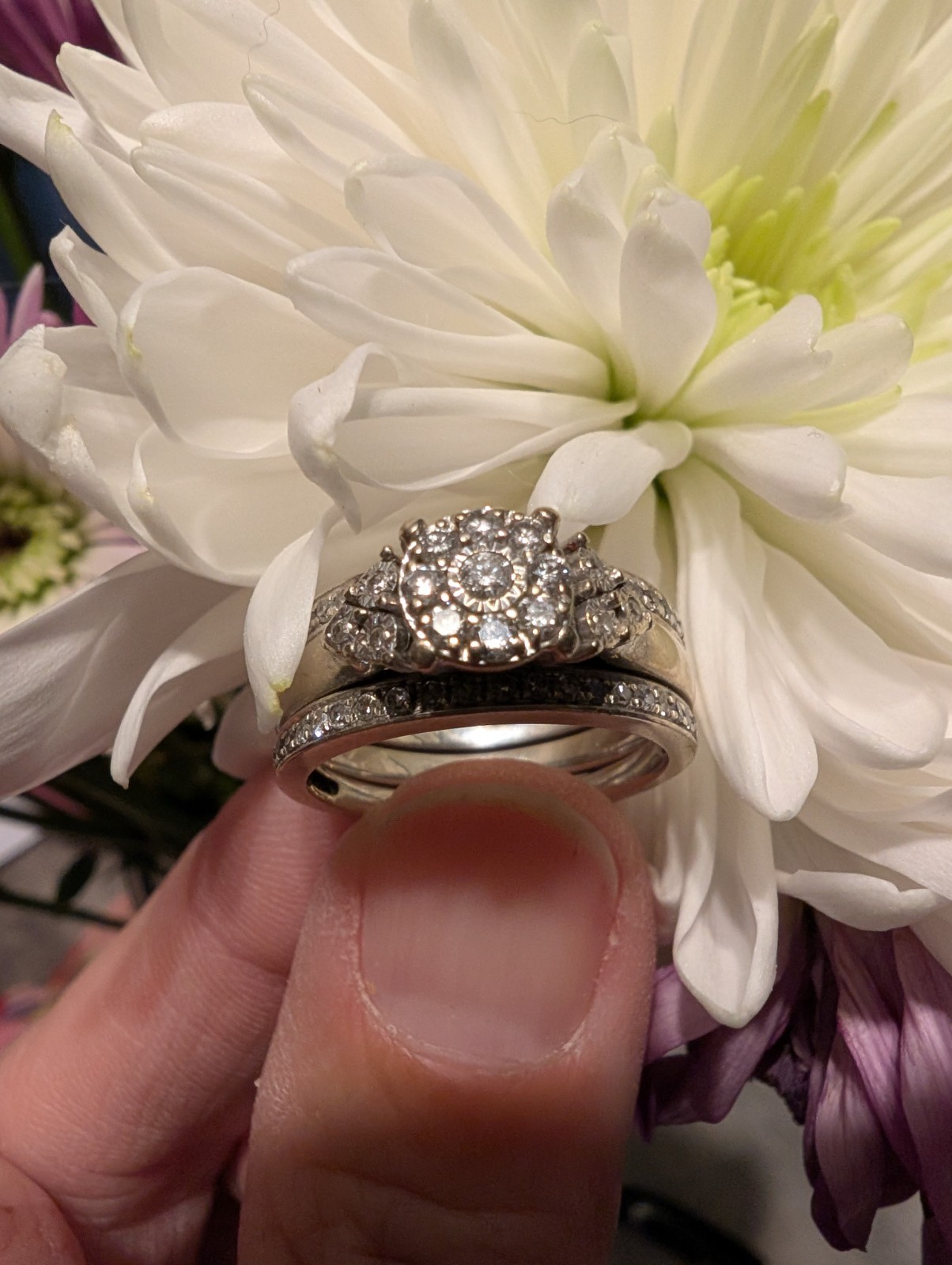 White Gold Diamond Cluster Engagement Wedding Ring Set, Round, Size 6