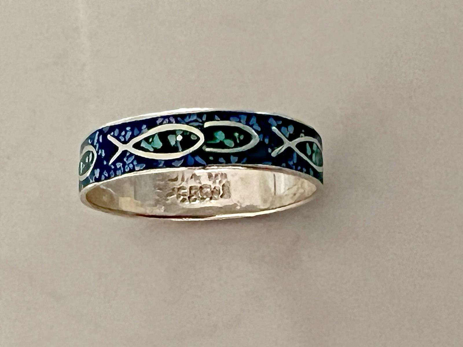 Vintage Antique Solid 14k Gold 585 Stamp Enamel Fish Figure Blue Ring Size 6.75