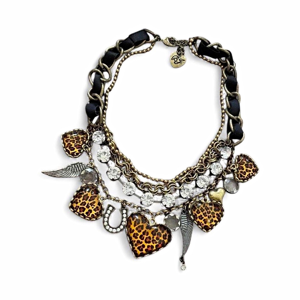 Rare Y2K vintage tuscan Betsy Johnson layered necklace with leopard print hearts