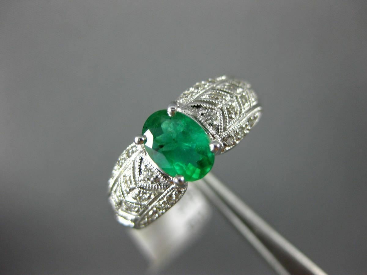 ESTATE .92CT DIAMOND & COLOMBIAN EMERALD 14K WHITE GOLD FILIGREE ENGAGEMENT RING