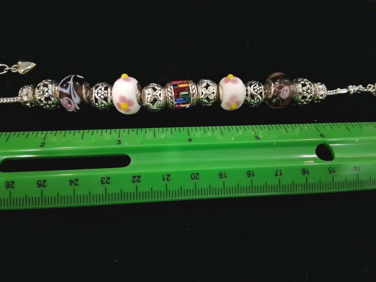 Silvertone 7.5″European CharmBracelet:Floral,Purple&Multicolor Rhinestone Charms