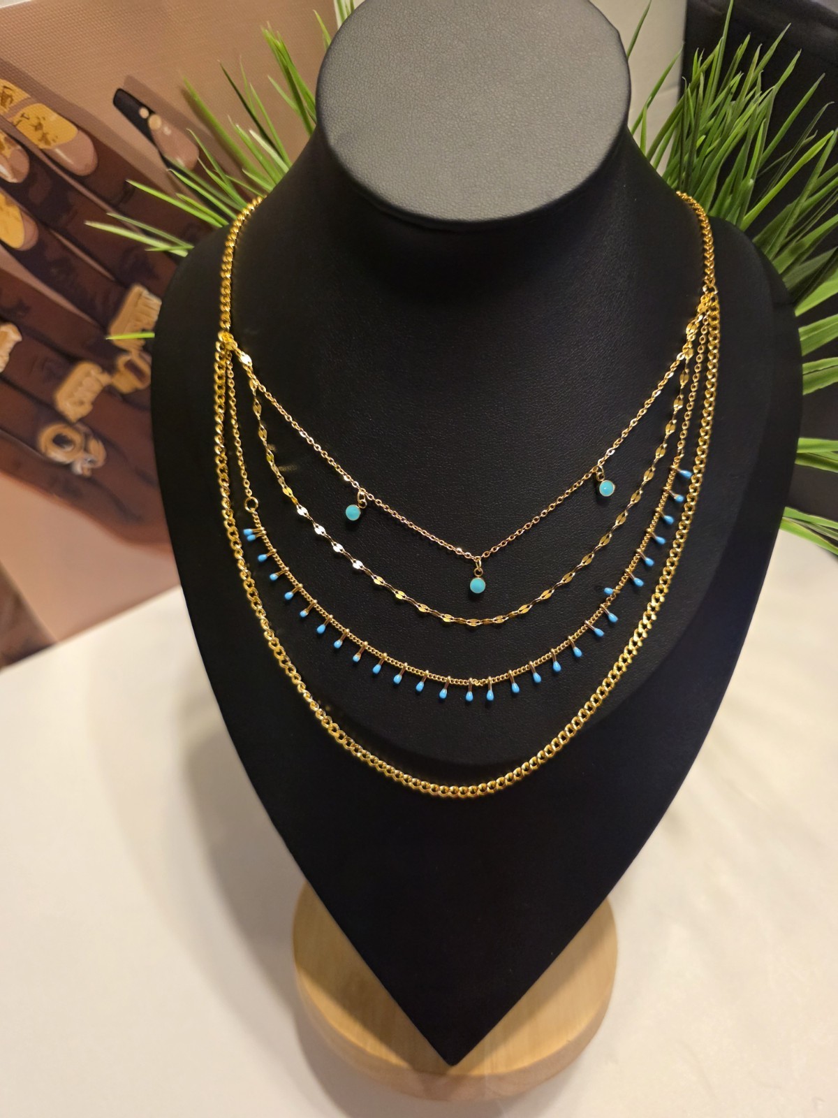 Gold Tone Layered Cable Chain Necklace with Blue Accents, Lobster Closure