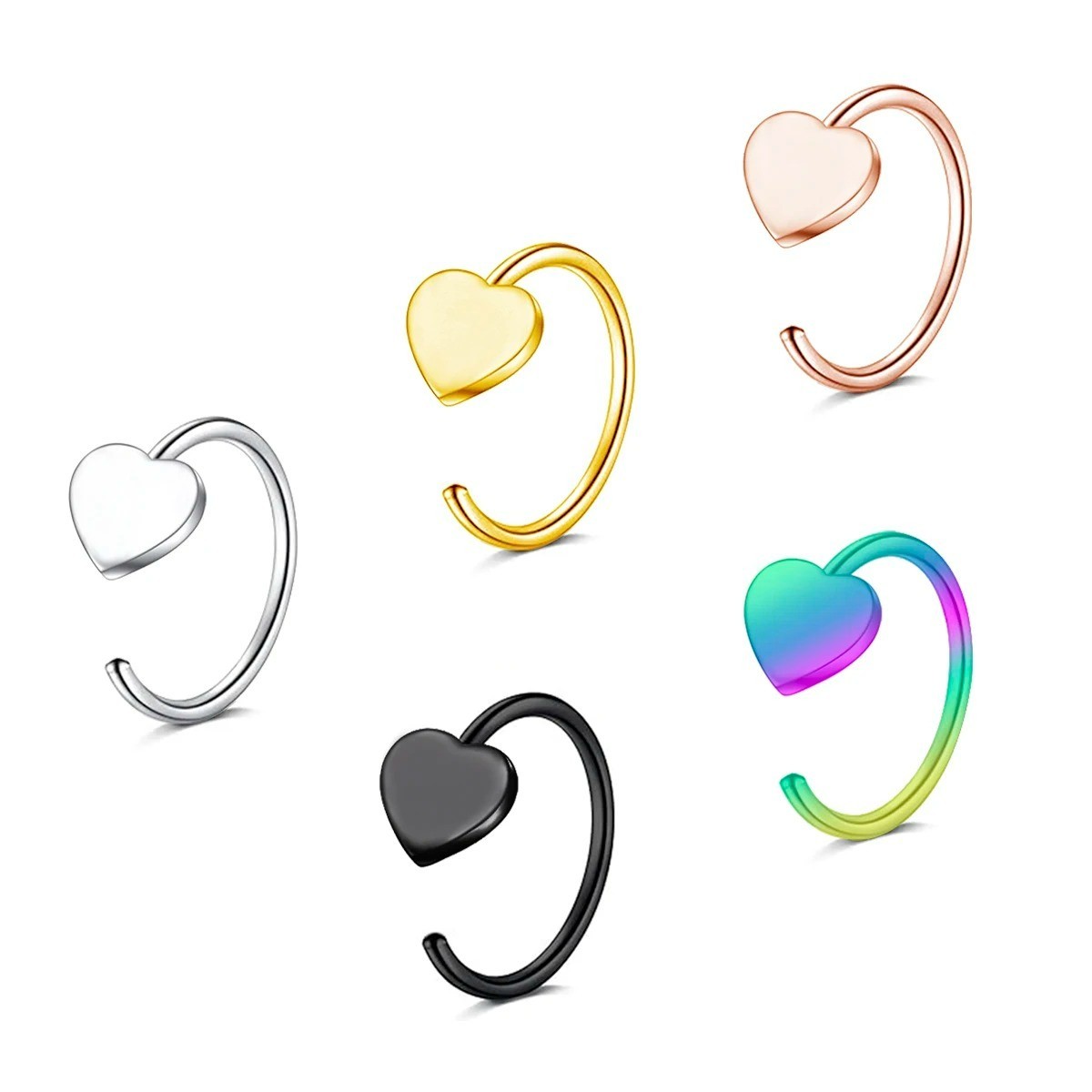 💖✨ C-Shaped Hollow Heart Nose Ring Set Stainless Steel – 2/5pcs – NEW