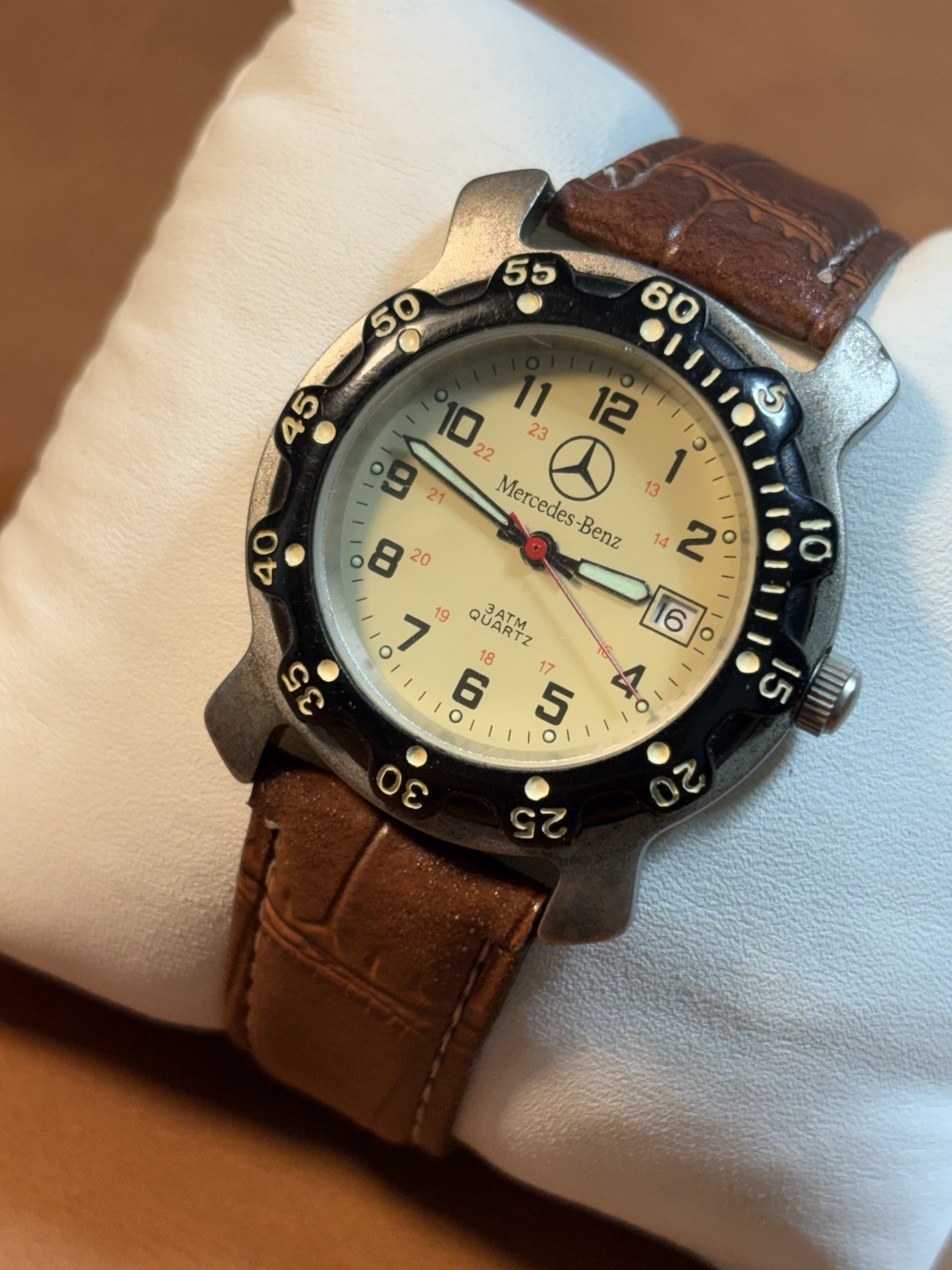 Vintage Mercedes Benz Men Field Watch Beige Dial,37mm,Rotating Beze,Date