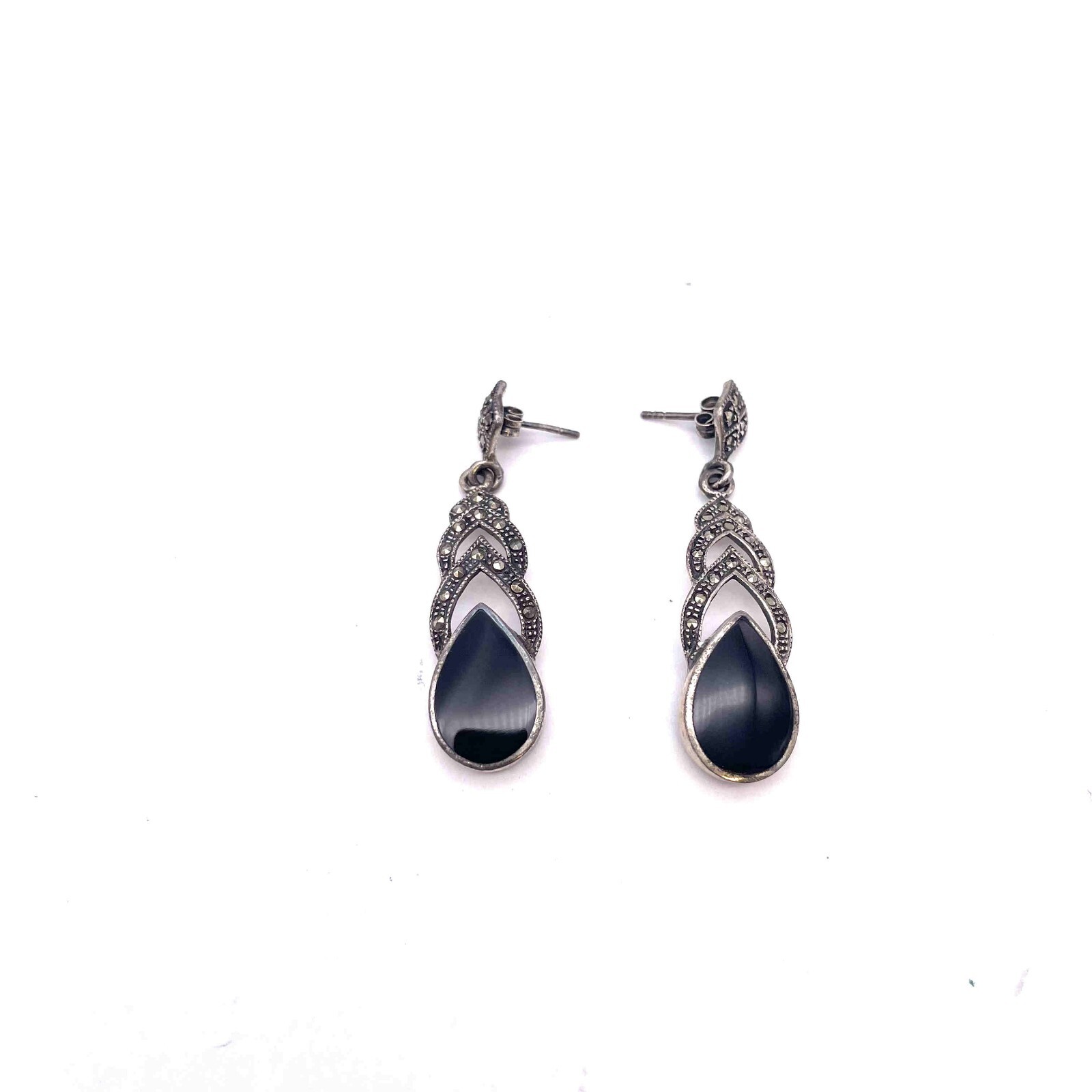 Black Onyx Marcasite Teardrop Dangle Earrings 925 Sterling Silver