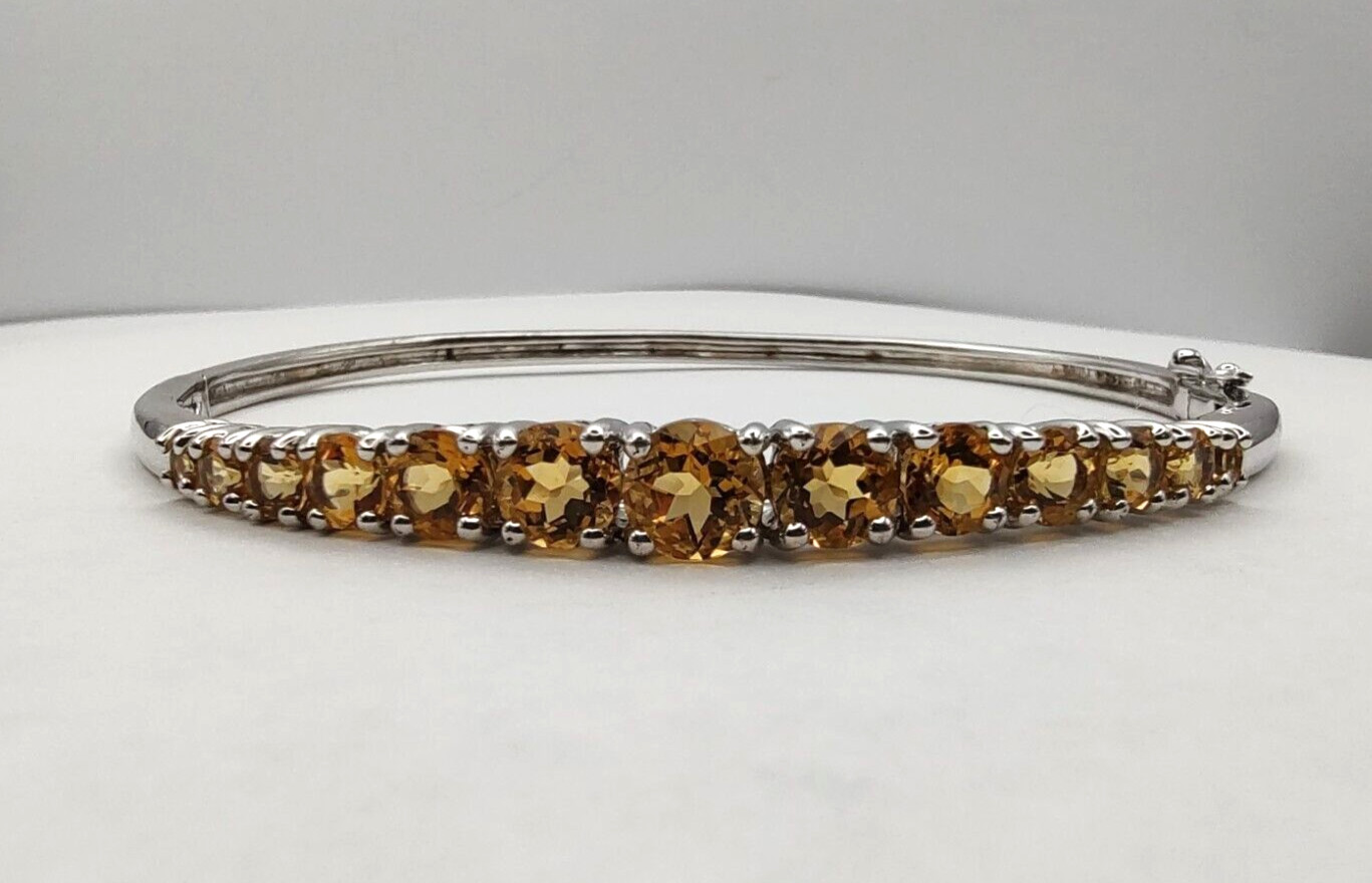 Estate KN Sterling Silver 4.86cttw Natural Citrine Hinged Bangle Bracelet 8.25″