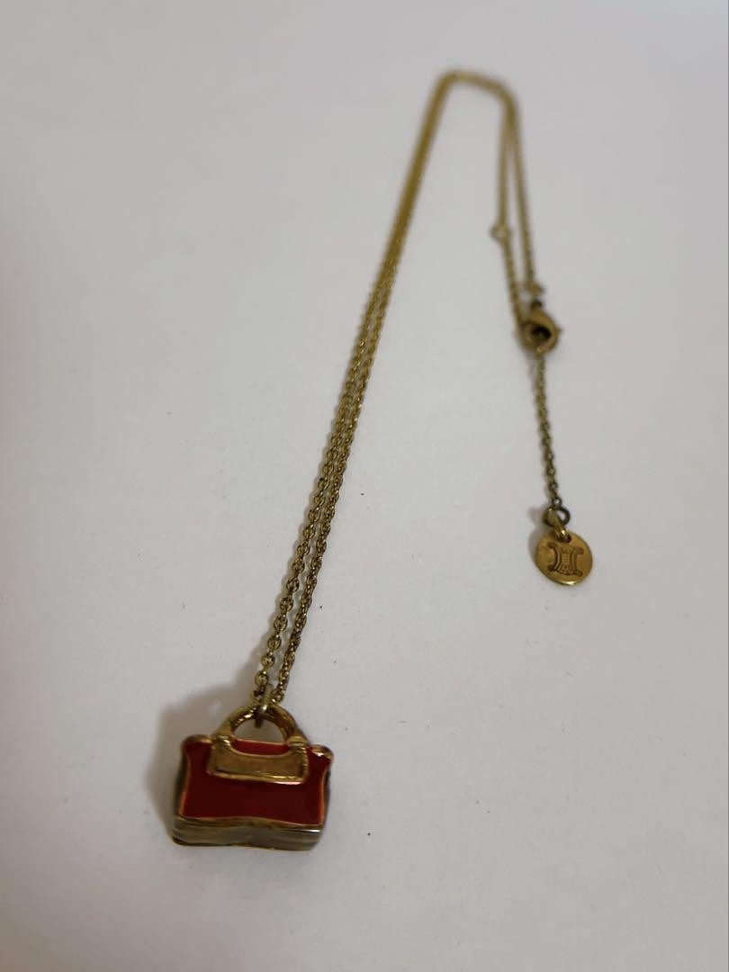 CELINE Necklace Handbag Motif Pendant Enamel Red Gold Length: 20.5 in.Vintage