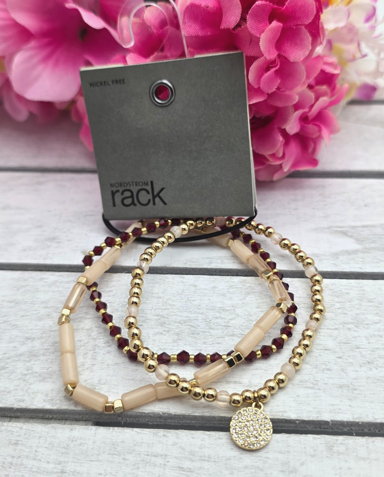 Nordstrom Rack Gold Tone Beaded Stretch Bracelet Set Burgundy Beige Pavé Disc