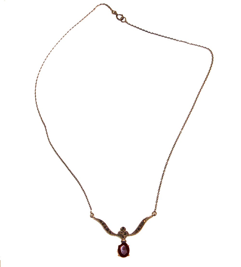 GARNET NECKLACE: Marcasite Garnet Stone .925 STERLING SILVER (15-inch)