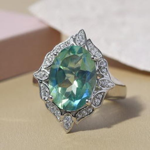 Peacock Quartz Natural Zircon Ring Platinum Over SS 5.85 ctw Size 6, 7, 9
