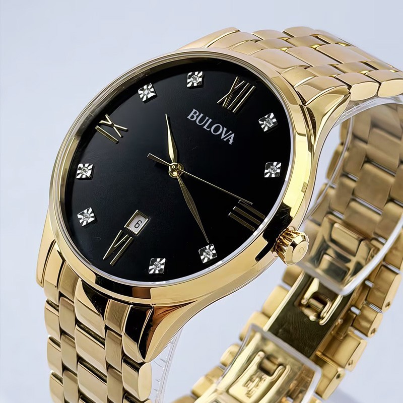 Bulova Men’s Classic 97D108 Diamond Black Dial Gold Bracelet Quartz Watch 40mm