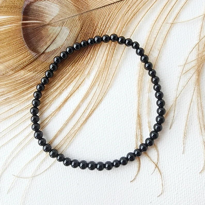 Natural Black Tourmaline 4mm Beaded Crystal Protection Handmade Healing Bracelet