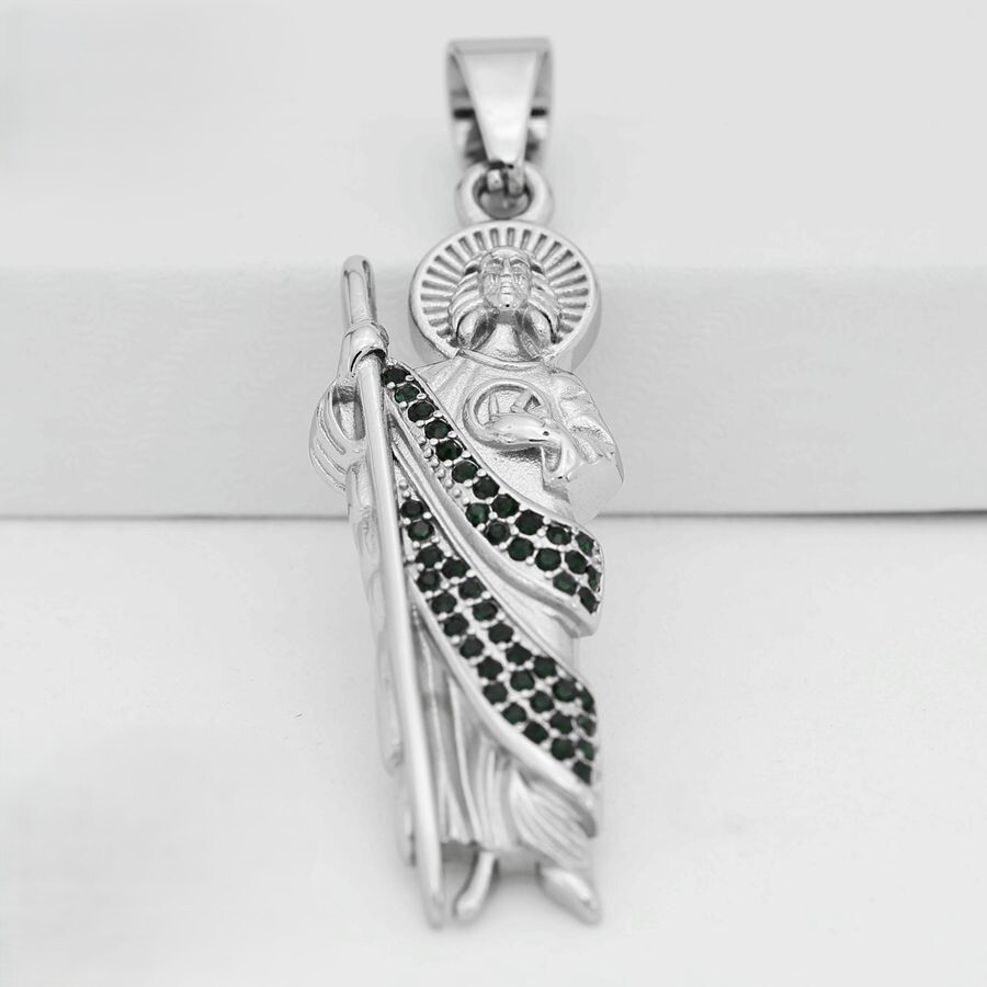 DG Men’s Silver,Stainless-Steel 95mm San judas Green CZ Bling Pendant**Box