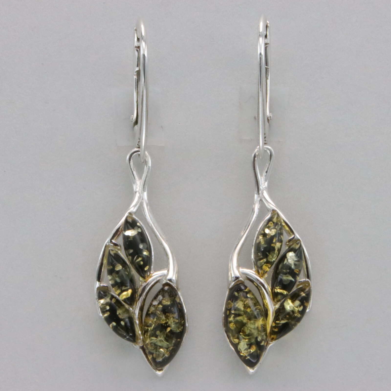 Green BALTIC AMBER Dangle Leveback Earrings 925 STERLING SILVER Poland #3629
