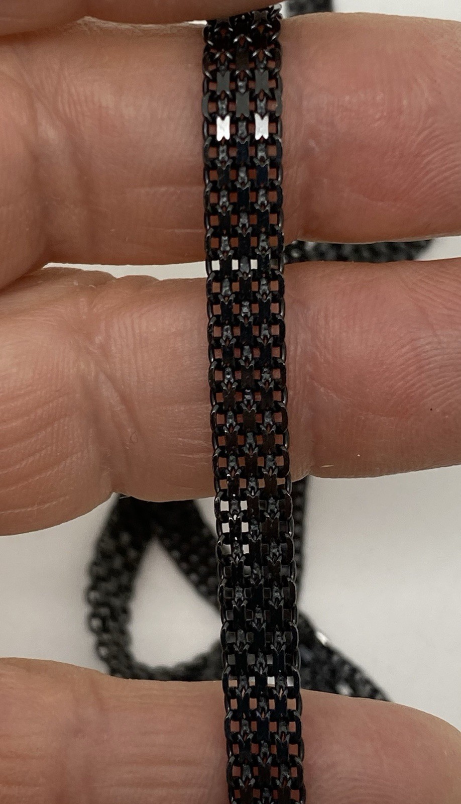 Vintage Black Gunmetal Sterling Silver Italy Flat Mesh Necklace 19”