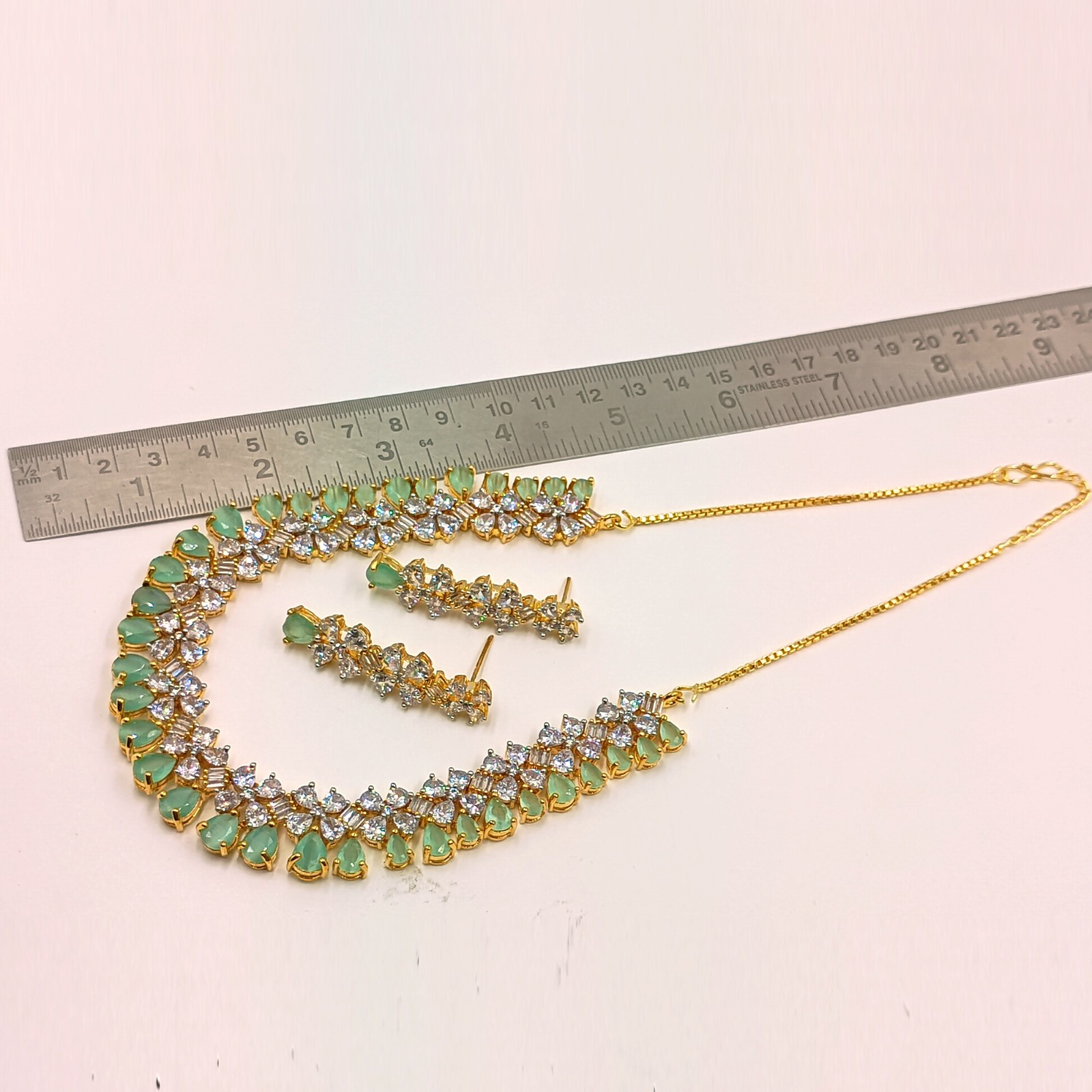Designer Chalcedony CZ Diamond Gold Plated Necklace Set Bridal Jewelry For Women