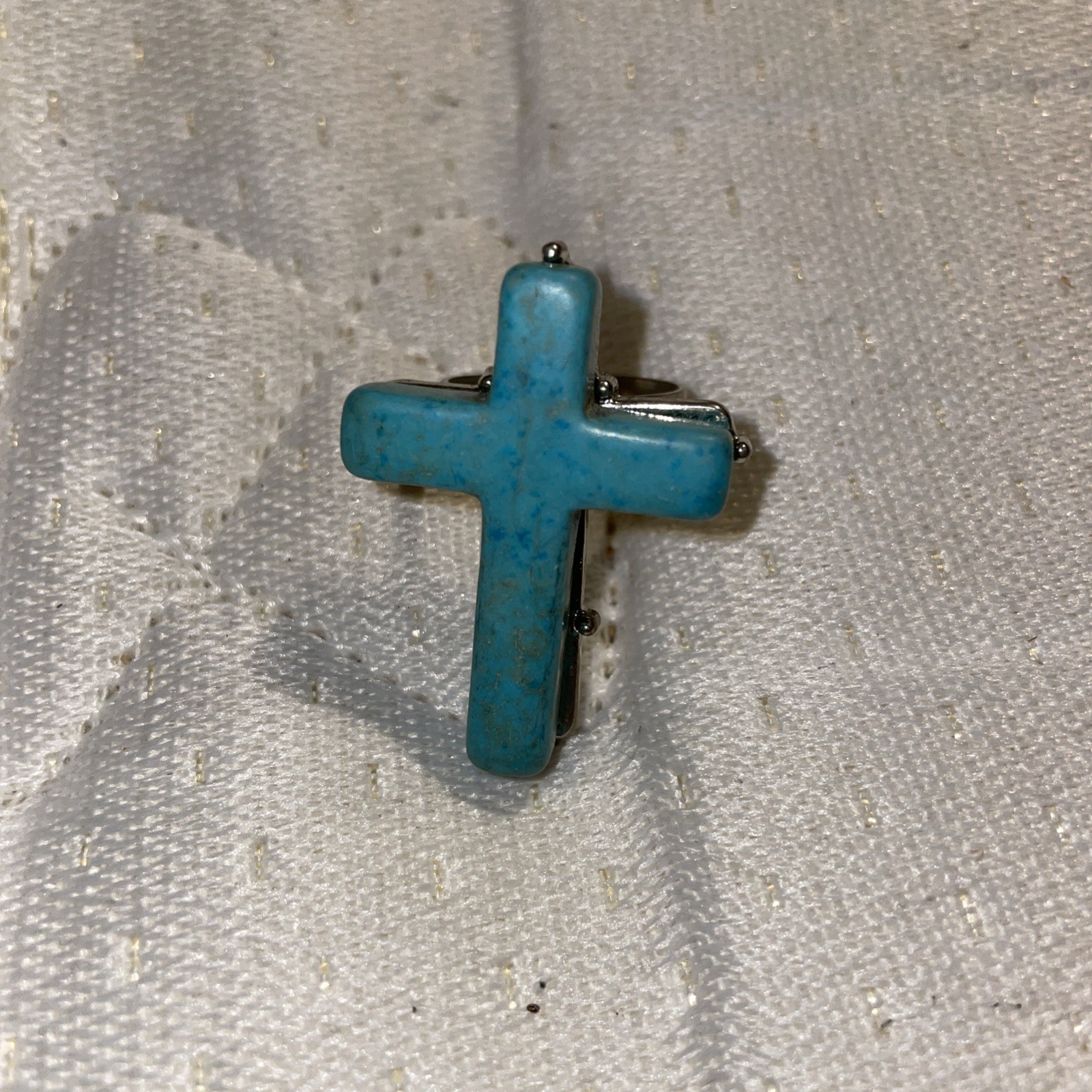 Native American Nickle Silver Tone Turquoise Cross Adjustable Ring