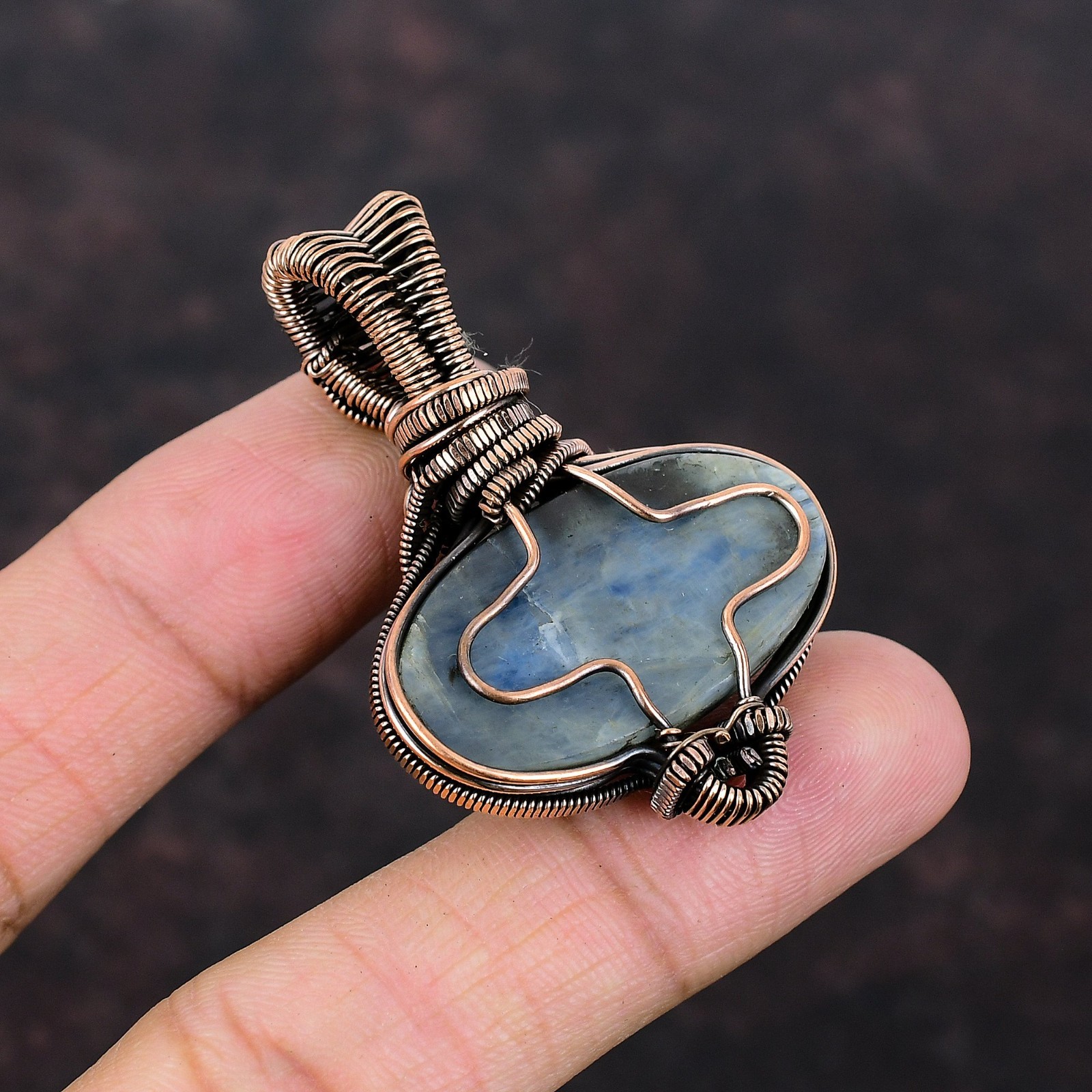 Oval Kyanite Stone Rainbow Moonstone Copper Wire Wrapped Wife Pendant Jewelry