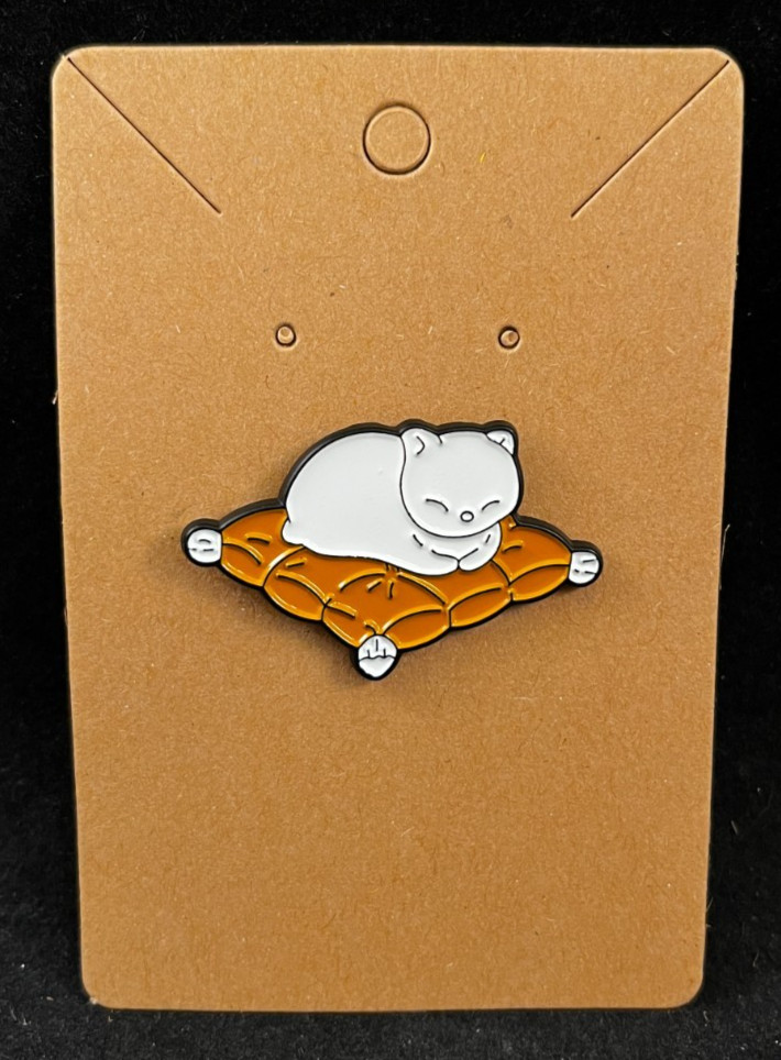 Sleepy White Cat on Cushion- Enamel Pin – Novelty – Animals – About 1 Inch High