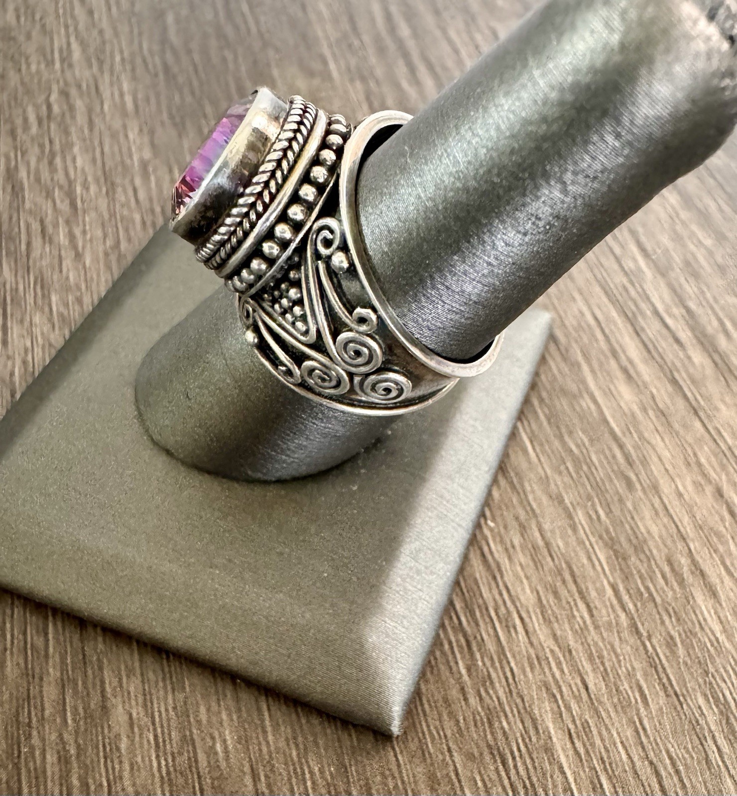 925 Sterling Silver Mystic Topaz Statement Ring Artisan Boho Scroll Size 8