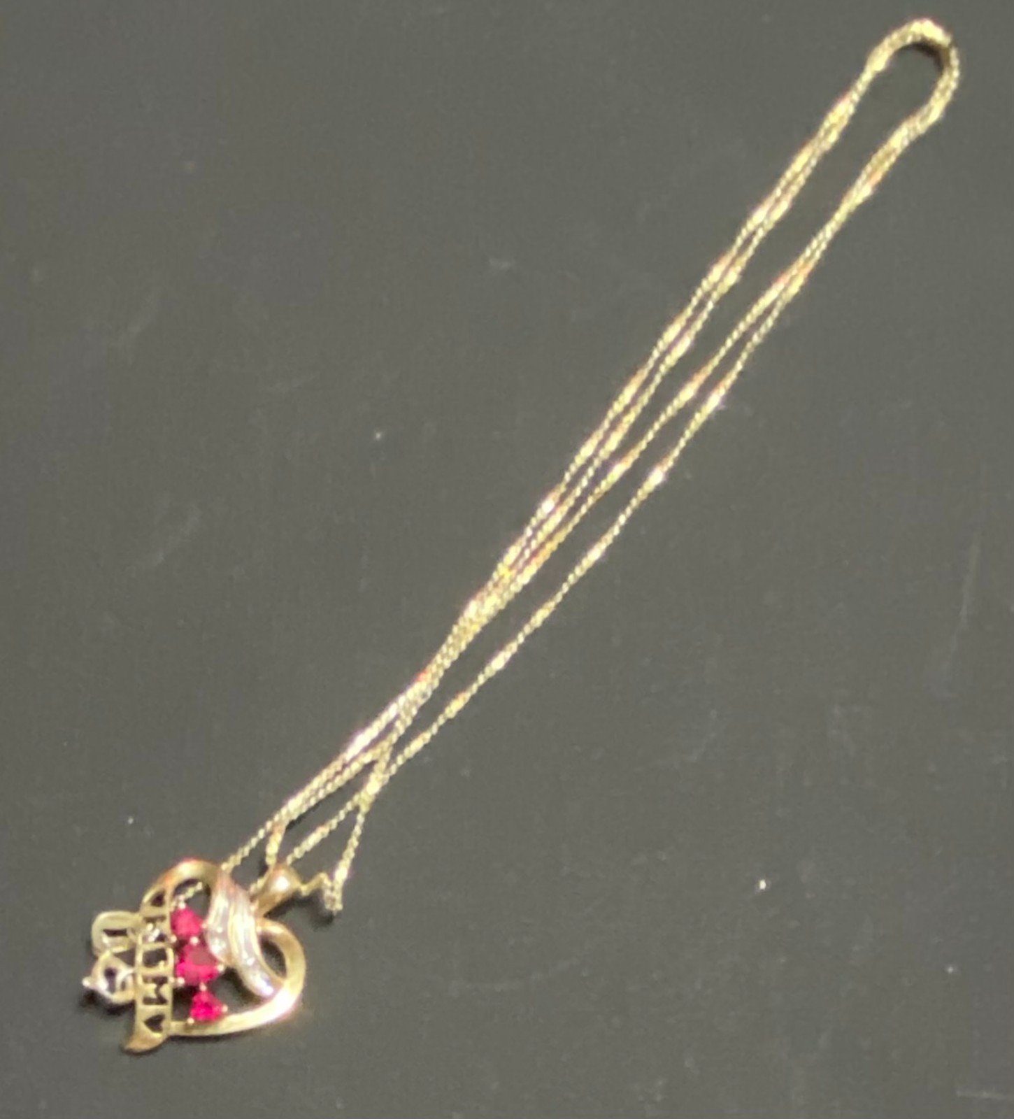 10K Gold MOM Heart Pendant Ruby Stone Charm on 20″ Gold Plated 925 Italy Chain