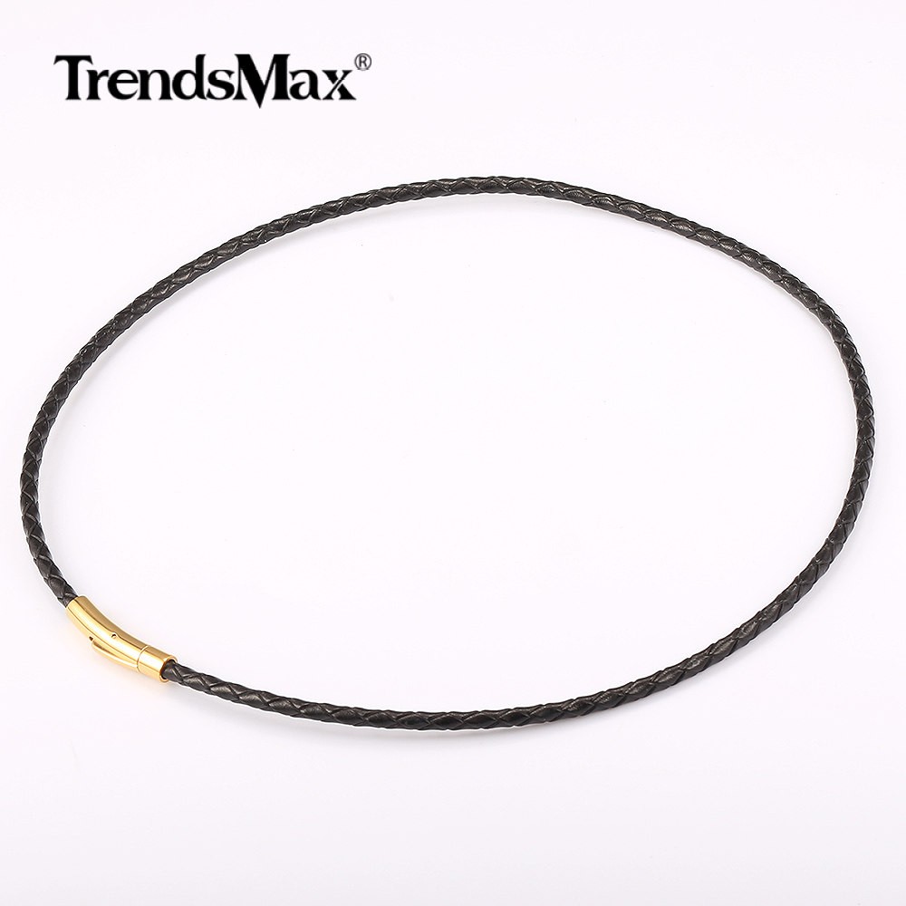 4MM Black Braided Leather Rope Necklace Bracelet Set with Gold Plated Push Lock