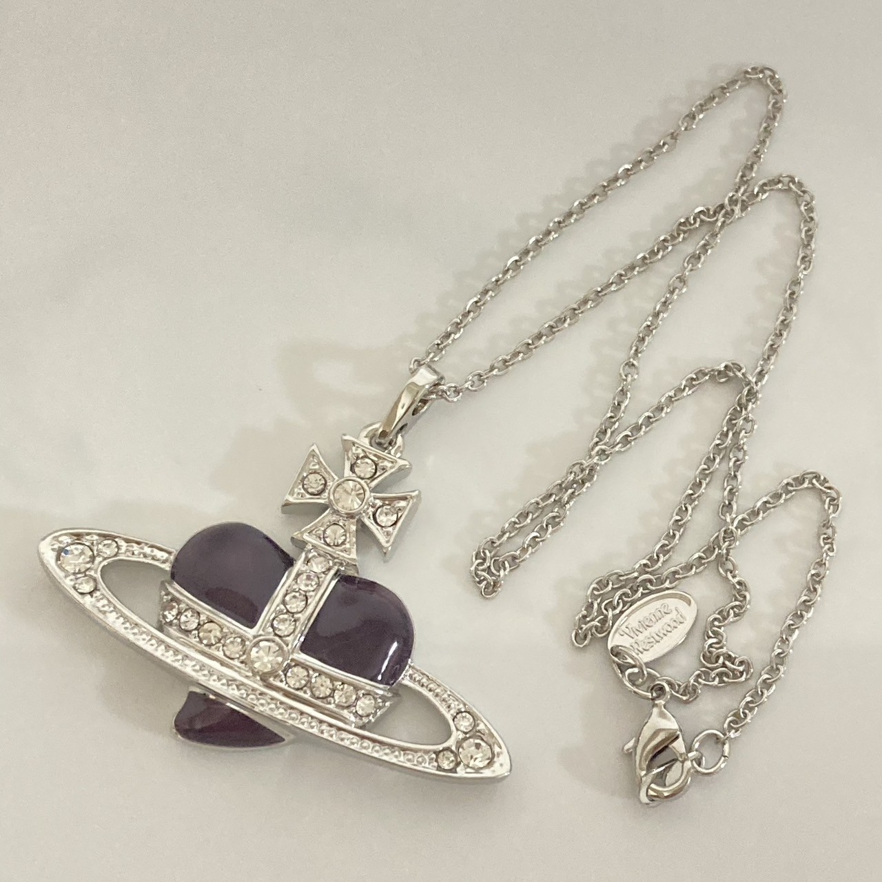 Vivienne Westwood Necklace Diamante Heart Orb Large Silver Purple w/Pouch NO BOX
