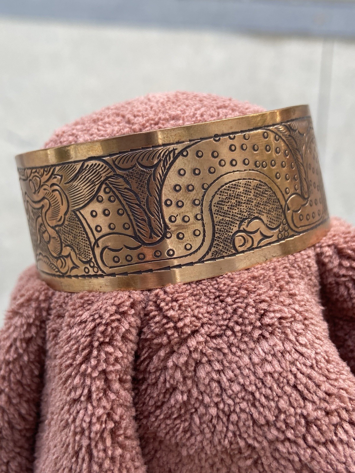 Vintage Engraved Copper Dragon Cuff Bracelet 1” Wide Adjustable Boho