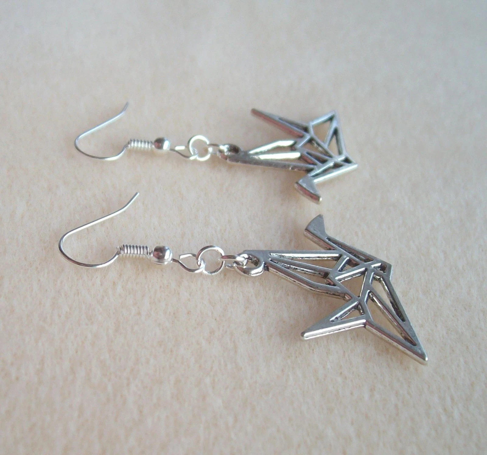 Silver Japanese Origami Paper Crane Bird Pendant Good Luck Drop Dangle Earrings
