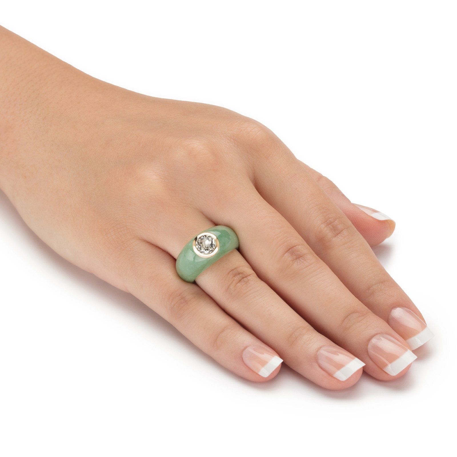 1.55 Cttw. Genuine Green Jade and White Topaz Solid 10k Yellow Gold Accent Ring