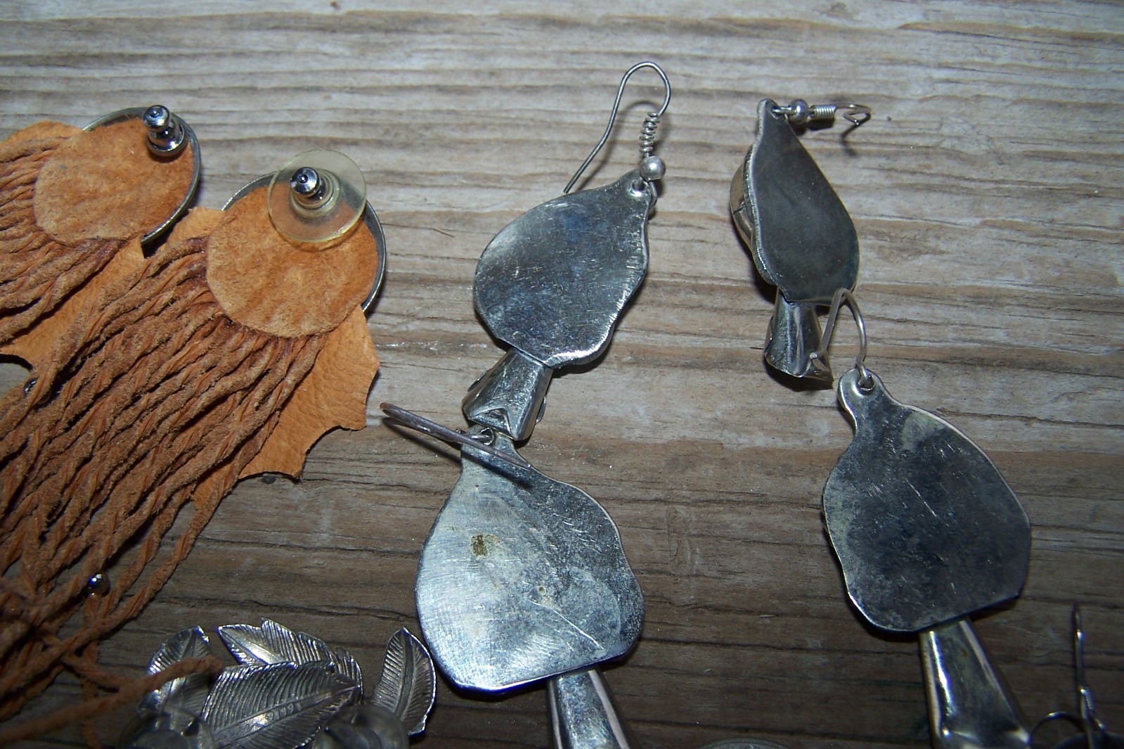 Southwestern Nickle Silver Stone Fetish Feather Squash Blossom Earrings Lot of 6