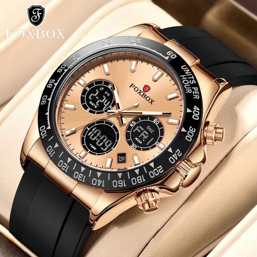 LIGE FOXBOX Men Quartz Watches Silicone Chronograph Digital Sport Wristwatch