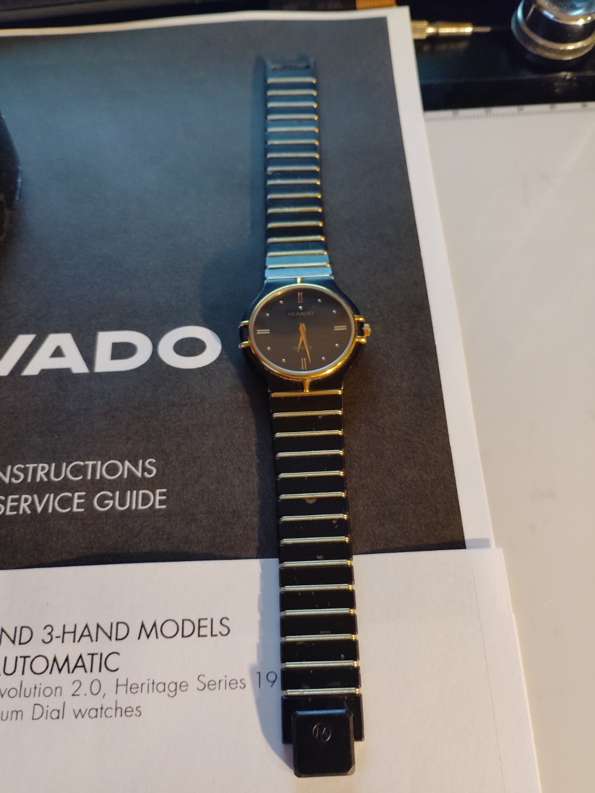 Movado The Museum Unisex Watch Black & 18 K Gold Links 1980’s Stunning