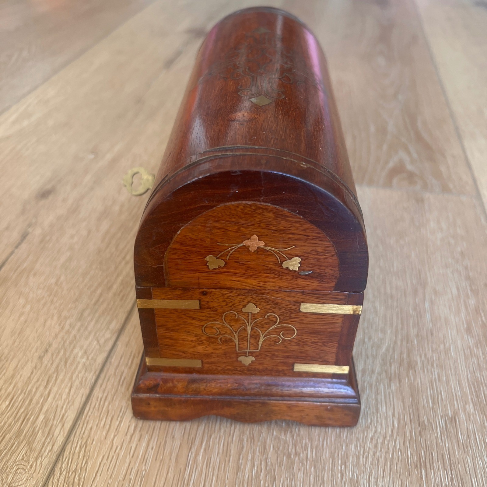 Vintage Wooden Jewelry Box Dome Top Brass Inlay Chest with Key Keepsake Box