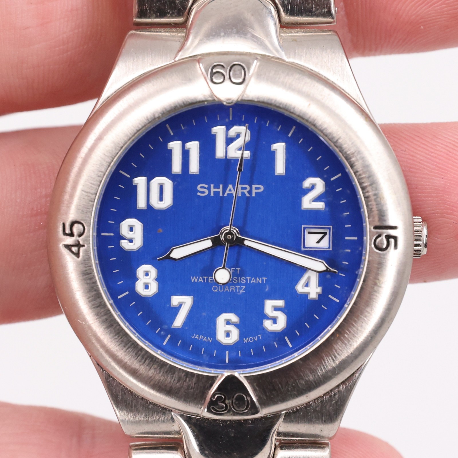 Sharp Blue Dial Quartz Watch 100FT Water Resist Silver Tone Band Battery 377