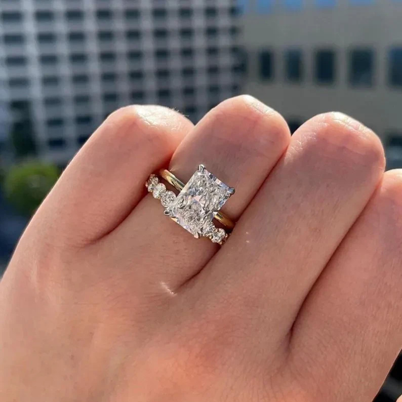 4.10Ct Radiant-Cut Lab Grown Diamond Solitaire Bridal Set Ring 14K Yellow Gold