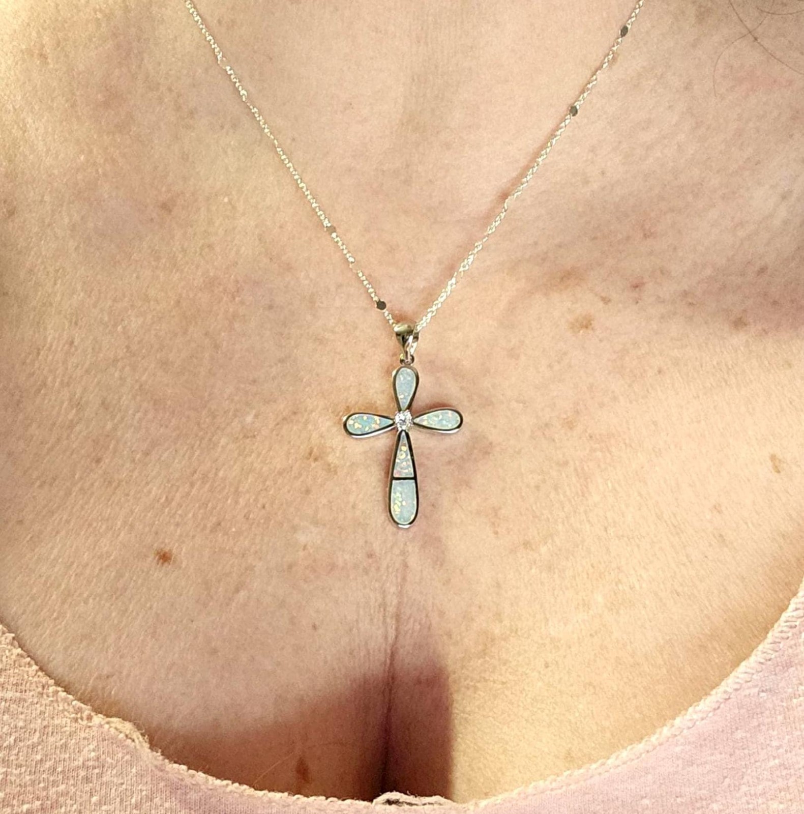 Silver Opal Cross Pendant – Adjustable Necklace – Christian Gift for Her