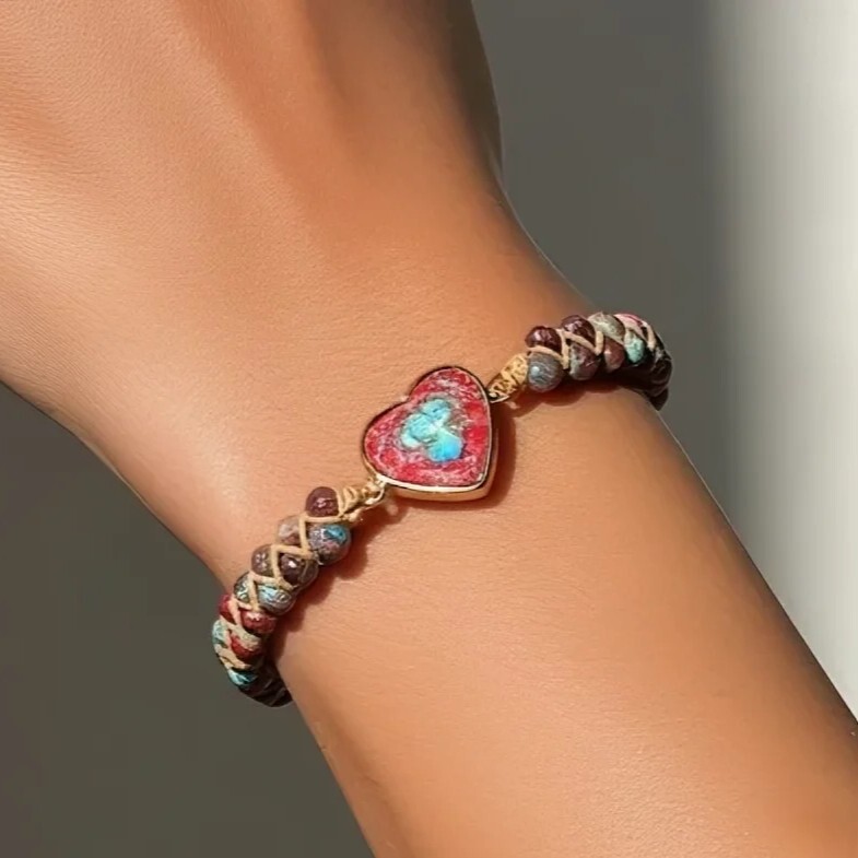 Galaxy Sea Sediment Jasper Stone Healing Heart Shaped Women Bracelet Handmade