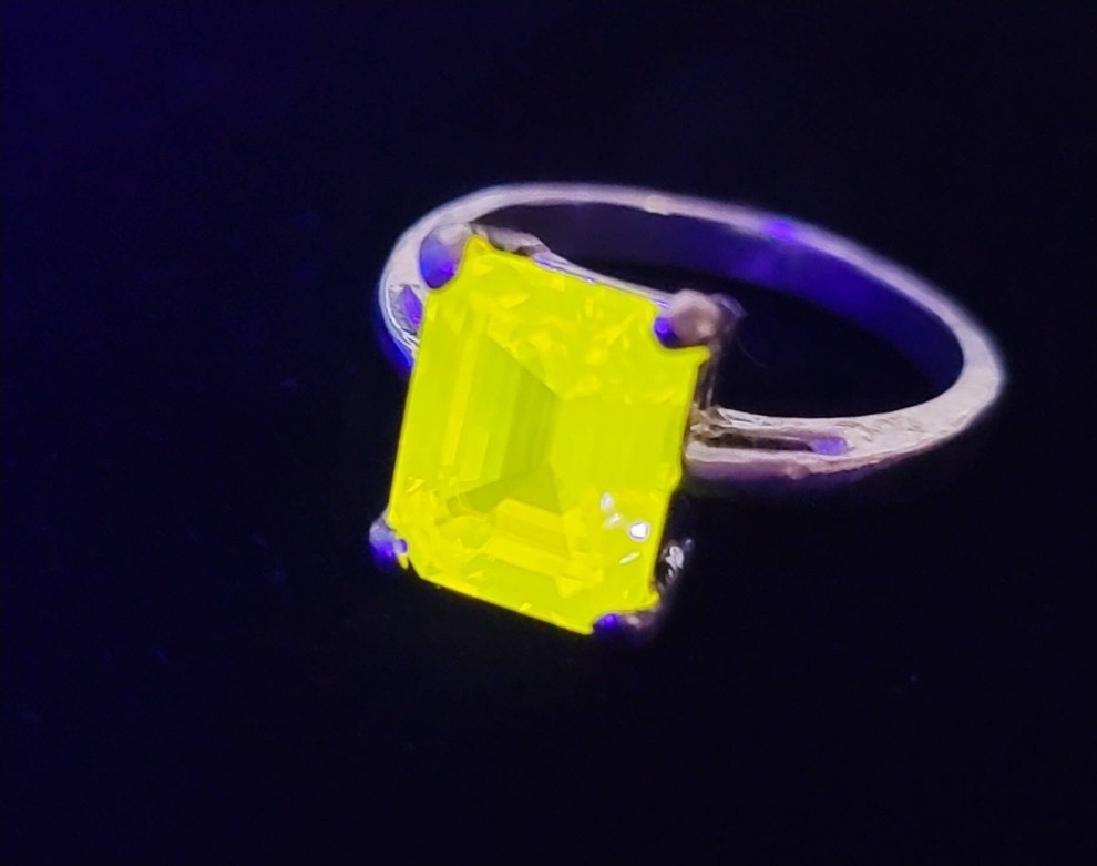 Sterling YAG Ring UV Yellow Yttrium Aluminum Garnet Emerald Cut Solitaire 925