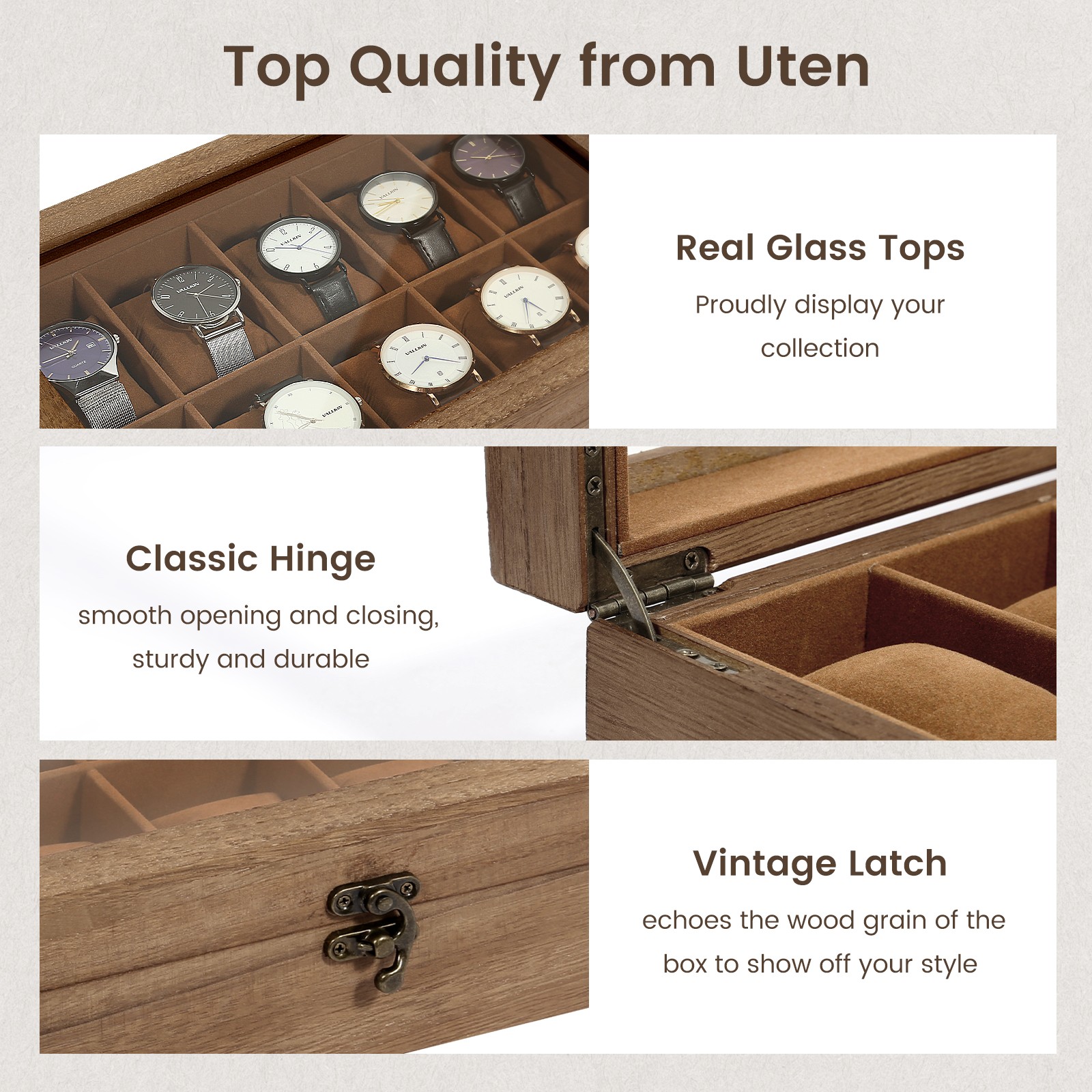 10 Slots Watch Box Wooden Jewelry Organizer Display Case with Glass Lid Gift