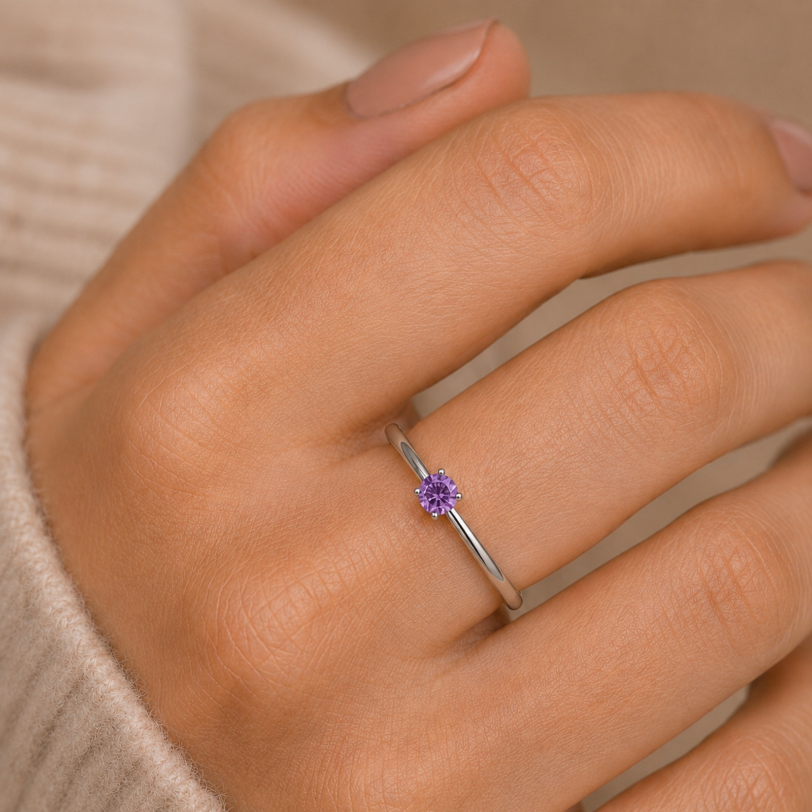 925 Sterling Silver Amethyst Solitaire Ring Dainty Minimalist Promise Engagement