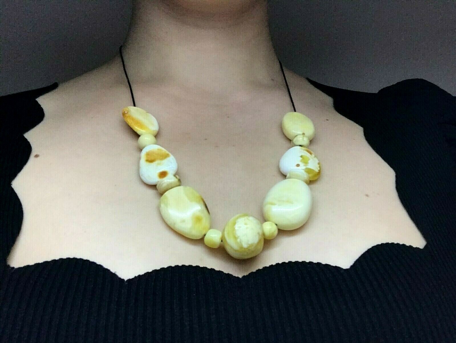 AMBER NECKLACE Gift Luxury Royal Yellow White BALTIC Beads Black Cord 30g 15365