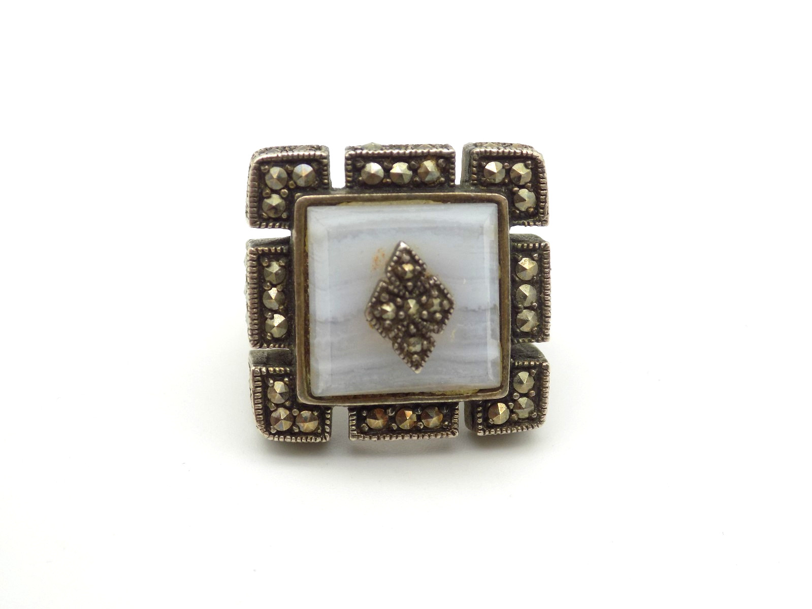 Art Deco Inspired Sterling Silver Blue Lace Agate Marcasite Ring Sz 6 Signed MLD