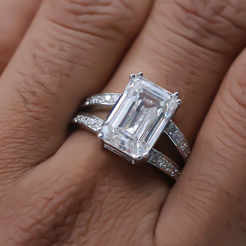 3.20TWC Emerald Cut Moissanite Split Shank Engagement Ring 14K White Gold Plated
