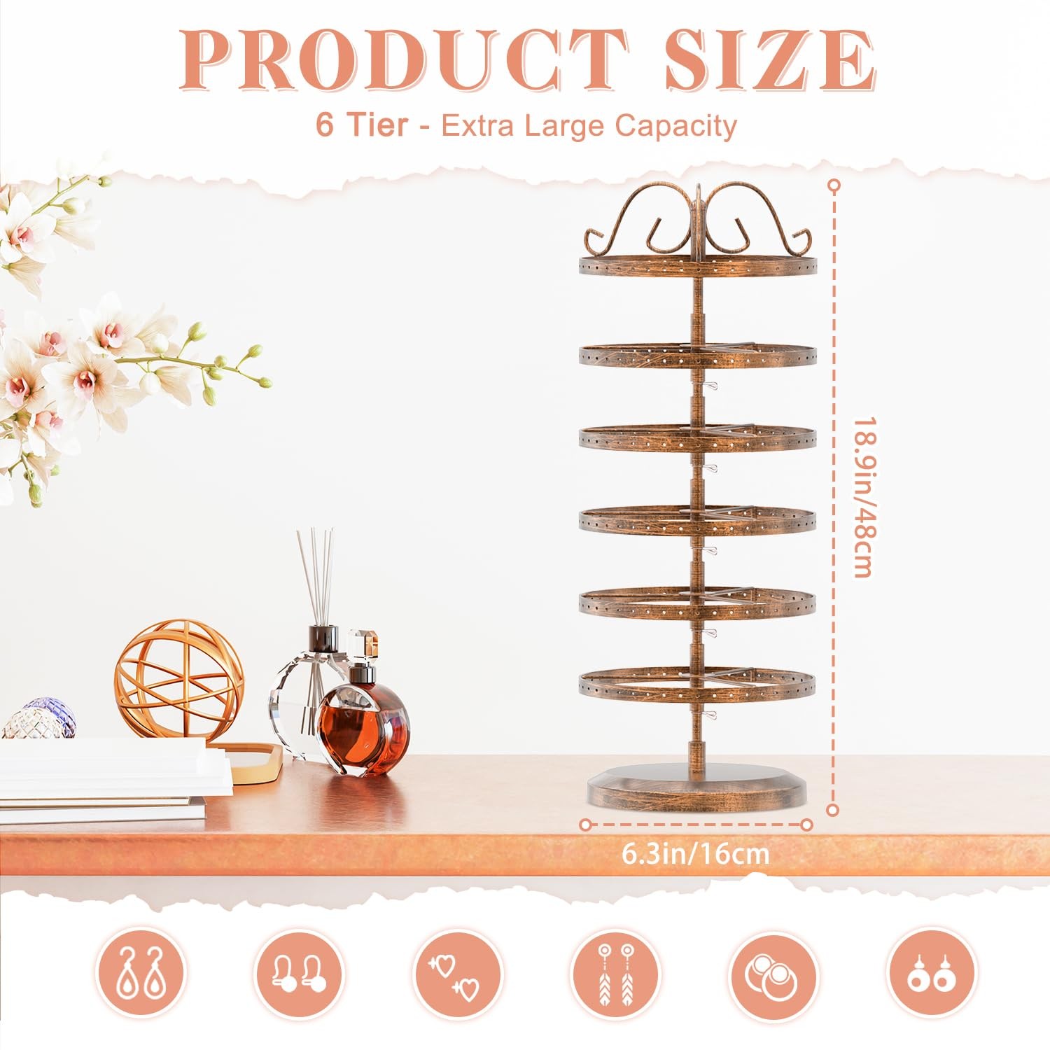 iDavosic.ly 6 Tier Metal Rotating Earring Holder Organizer, 6 Tier, Bronze