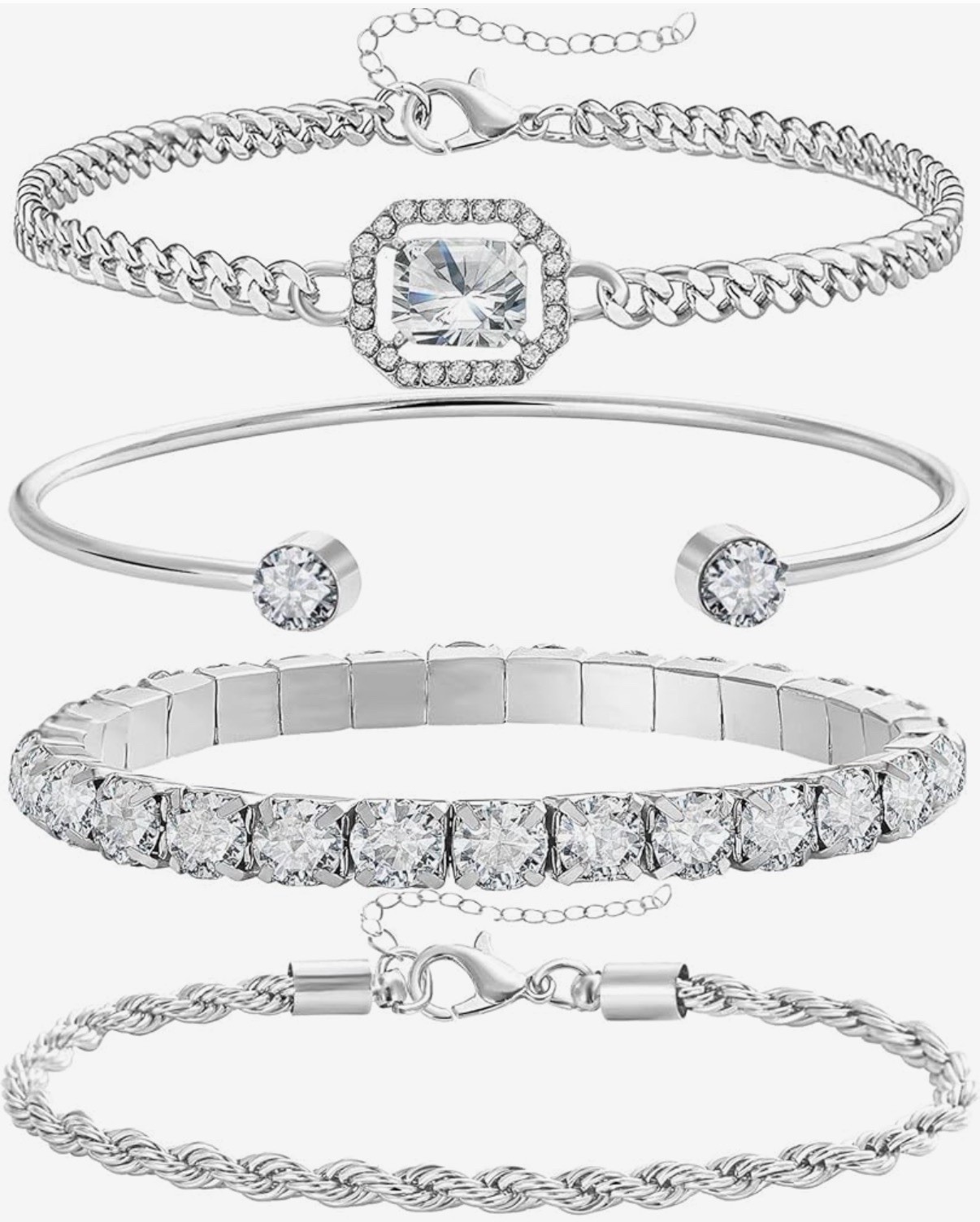 4PCS Dainty Silver Bracelets Set Women 14K Silver Plated CZ Paperclip Link Chain