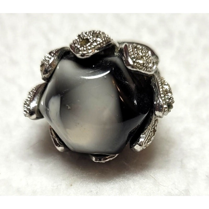 Statement Ring Flower Framed Agate Black Gray White Cabochon Sz 7 1/4 Boho Fairy